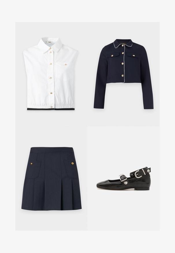 Veste courte bleu marine avec passepoil blanc, manches longues, fermetures à boutons dorés, et poches poitrine à rabat sur un fond uni.; Chemise blanche sans manches avec boutons dorés, col, petite poche poitrine et ourlet élastique sur fond uni.; Jupe à rayures bleu marine foncé avec des plis à l'avant et deux poches à rabat ornées de boutons dorés de chaque côté.; Ballerine en cuir verni noir avec un bout carré, sangle de cheville avec des détails en métal argenté et semelle plate. Texture lisse avec un design minimaliste.