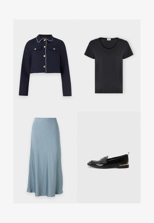 Marineblaue, kurz geschnittene Jacke mit weißer Paspelierung, langen Ärmeln, goldfarbenen Knöpfen und Klappentaschen auf der Brust vor einfachem Hintergrund.; Schlichtes schwarzes T-Shirt mit kurzen Ärmeln, rundem Ausschnitt und einem kleinen weißen Markenlabel innen im Kragen.; Hellblauer, knöchellanger Satinsrock mit leichtem Schwung und hoher Taille, auf weißem Hintergrund dargestellt.; Schwarze Lacklederloafers mit abgerundetem Zehenbereich, einem dekorativen Riemen und einem goldenen Akzent an der Ferse. Glatte Textur mit genähten Details.