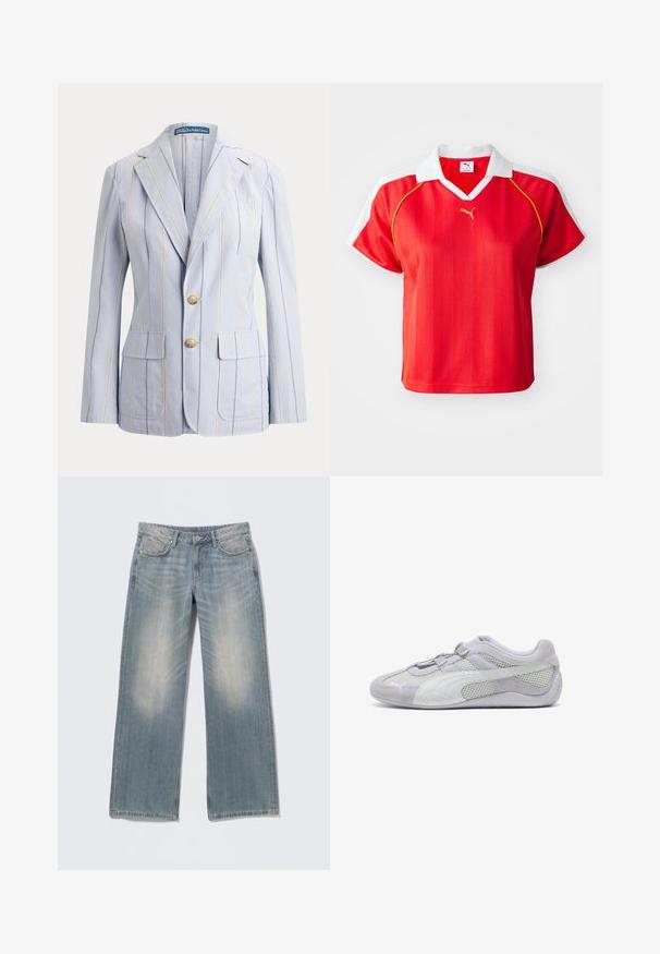 Blazer bleu clair pour femme avec rayures verticales blanches et bleu marine, deux boutons devant, revers à entaille et deux poches à rabat.; Polo-shirt rouge sportif avec col et manches blanches, arborant des rayures verticales et un petit logo doré à l'avant. Matière légère.; Jean bleu clair à jambes larges avec une finition délavée, en denim. Comprend des passants pour ceinture, des poches avant et une braguette zippée avec fermeture par bouton.; Chaussure de sport gris clair en suède et mesh, à bout arrondi, avec des accents blancs contrastés et une semelle en caoutchouc texturée. Bande ajustable pour un meilleur maintien.