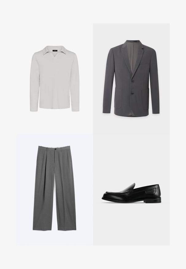 Blazer para hombre de color gris oscuro con solapas entalladas, dos botones, dos bolsillos delanteros de parche y un bolsillo de ojal en el pecho sobre un fondo liso.; Matinique MAV - Polo - lunar rock; Pantalones formales grises con piernas rectas, pliegues delanteros, bolsillos laterales, trabillas para cinturón y cierre frontal con botón y cremallera.; Mocasín negro de cuero tipo slip-on con tacón bajo, punta redondeada y costura decorativa a lo largo del borde superior.