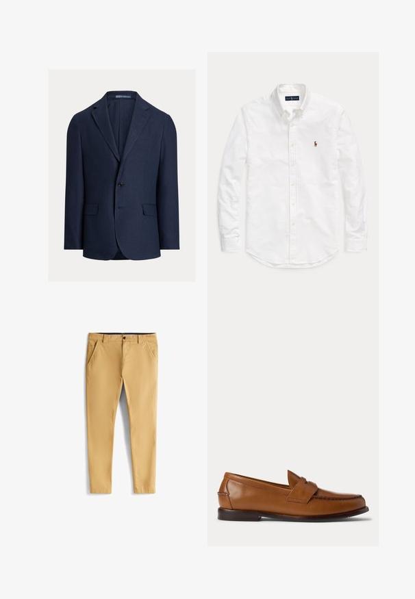 Blazer de linho azul-marinho com um único botão, lapelas com entalhe, dois bolsos frontais e textura suave. Etiqueta visível no interior da gola.; Camisa branca de manga comprida com botões, colarinho e pequeno logótipo bordado no peito esquerdo, colocada estendida sobre fundo simples.; Chinos amarelos claros com uma textura suave, apresentando dois bolsos laterais, um fecho na frente com botão e um design de perna afunilada.; Sapato penny loafer em pele castanha com salto baixo e detalhes cosidos na frente e nos lados, mostrado de perfil sobre fundo branco.