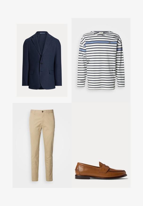 Blazer de lino azul marino con un solo botón, solapas con muesca, dos bolsillos delanteros y una textura suave. Etiqueta visible en el interior del cuello.; Camiseta de manga larga con rayas horizontales en azul marino y blanco, una franja de acento azul y ilustraciones gráficas en la parte delantera y en las mangas.; Chinos beige con cierre de botón, corte ajustado y tejido de algodón suave. Presenta detalles de costura y un diseño estándar de cinco bolsillos.; Zapato tipo mocasín penny loaf de cuero marrón con tacón bajo y detalles cosidos en la parte frontal y los laterales, mostrado de lado sobre un fondo blanco.