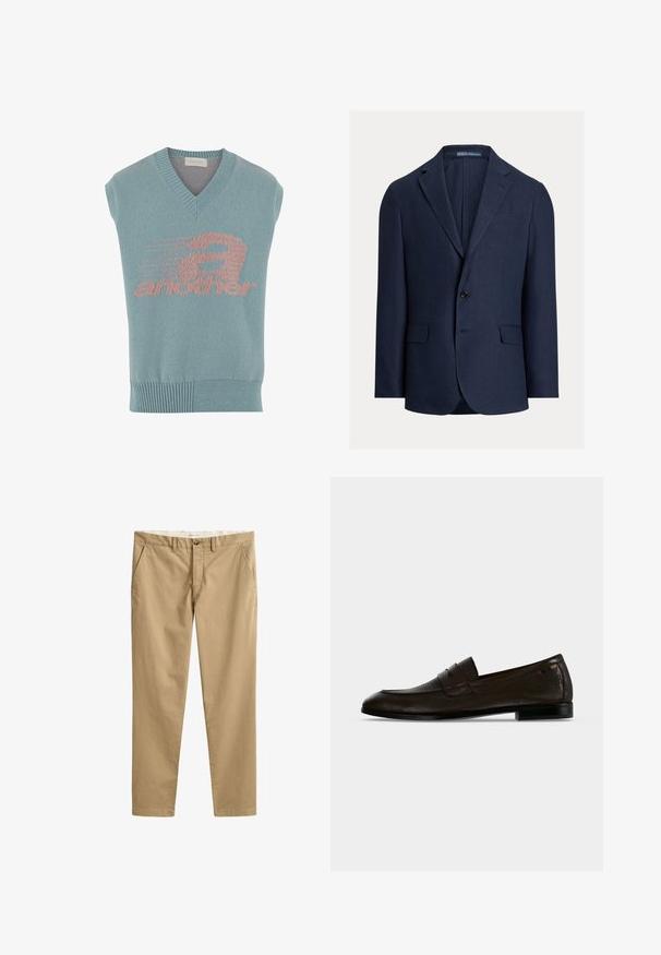 Blazer en lin bleu marine avec un bouton unique, des revers crantés, deux poches avant et une texture lisse. Étiquette visible à l'intérieur du col.; Gilet en tricot sans manches de couleur bleu clair avec un col en V, présentant un design graphique rose avec le mot "un autre" et un motif de vitesse. Base côtelée.; Chinos beige à jambes droites avec passants de ceinture, bouton devant, fermeture éclair et poches latérales, présentés à plat sur fond blanc.; Chaussure penny loafer en cuir brun foncé avec un petit talon noir et un grain texturé visible, présentée de profil sur un fond neutre.