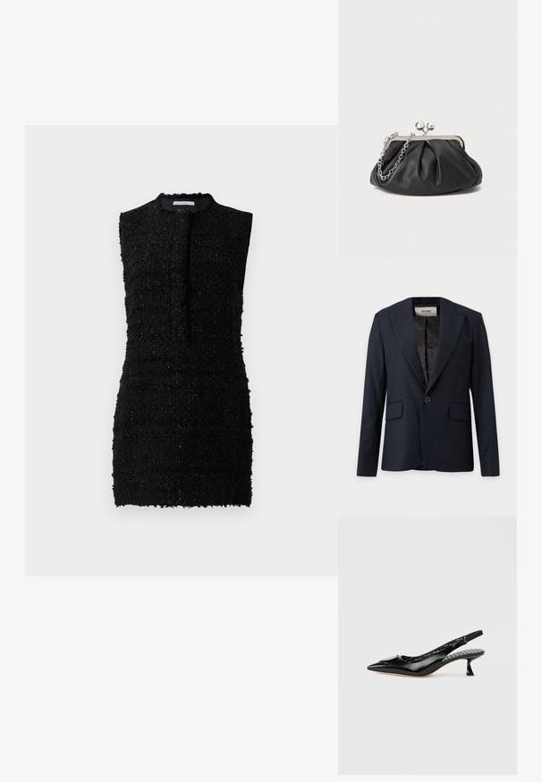 Sort enkeltknappet blazer med subtile glitrede detaljer, notch revers og klaplommer, vist mod en ensfarvet baggrund.; Sort ærmeløs kjole lavet af tekstureret stof med en lidt løs pasform, der har en høj halsudskæring og minimal detaljer.; Sorte slingback-stiletter i laklæder med spids tå, tekstureret overflade og en lille hæl. Indersiden har en mønstret foring med tekst.; Sort læder clutch med samlet tekstur, sølvfarvet metalramme, kys-lås lukning og kædestrop. Glat, blød overflade.