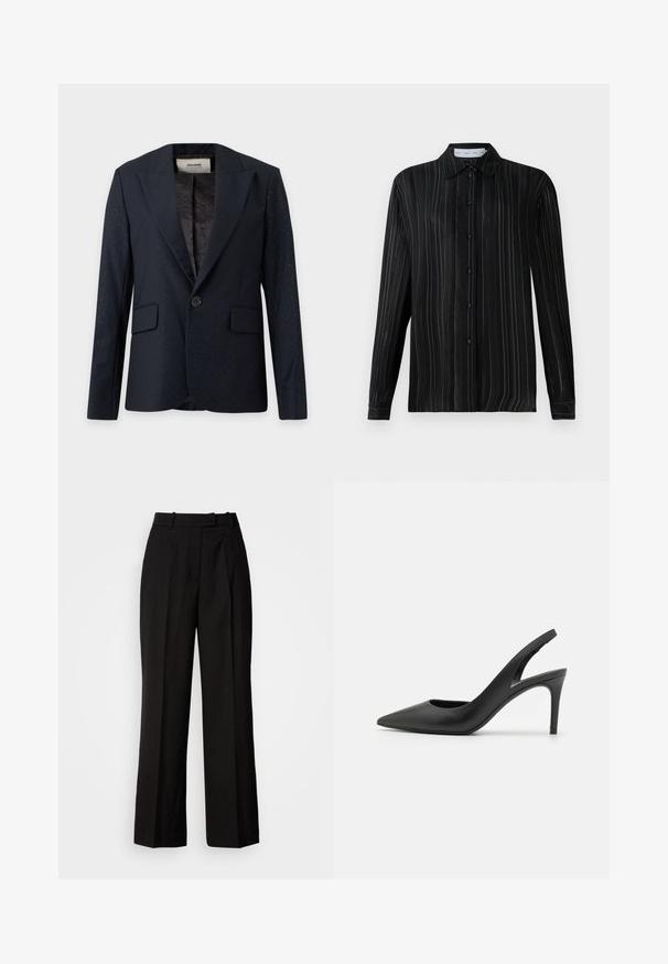 Sort enkeltknappet blazer med subtile glitrede detaljer, notch revers og klaplommer, vist mod en ensfarvet baggrund.; Sort langærmet skjorte med knapper, forsynet med fine hvide lodrette striber og klassisk krave, vist på en ensfarvet hvid baggrund.; Sorte brede bukser med høj talje, der har et subtilt prikmønster, plissé foran og en glat stoftekstur.; Sorte læder slingback høje hæle med spids tå-design, der har en udskæring fortil og en tynd stiletto-hæl.