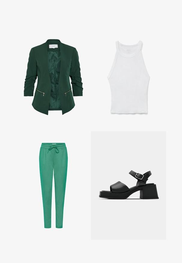 Groene op maat gemaakte blazer met een gladde textuur, open voorkant en twee met rits afgesloten zakken. Heeft gerimpelde mouwen en een satijnen voering.; Wit mouwloos geribd hemdje met hoge hals en aansluitende silhouet, plat neergelegd op een witte achtergrond.; Groene joggerbroeken van zachte stof, met een elastische taille, trekkoordsluiting en twee zijzakken met een slim fit ontwerp.; Zwarte leren platform sandalen met een open teen ontwerp, enkelbandje en een stevige vierkante hak. Soepele textuur en minimalistische stijl.