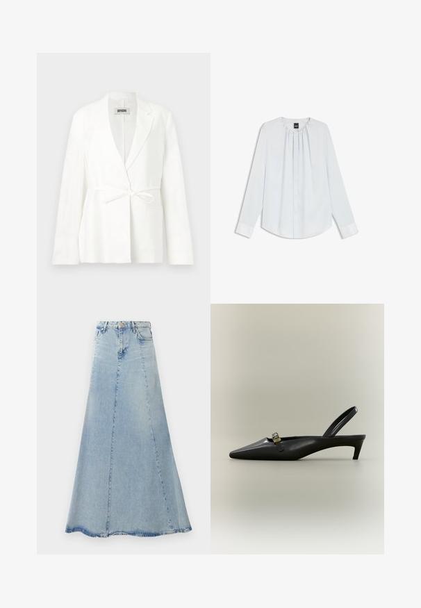 Blazer blanco a medida con mangas largas, solapas con muesca y cinturón delantero atado, mostrado sobre un fondo claro y liso.; Blusa blanca de manga larga con escote plisado, botones frontales y puños ocultos, extendida sobre un fondo blanco.; Falda de mezclilla azul claro con forma acampanada en A, que cuenta con un cierre frontal de botones, pasadores para cinturón y detalles de costura visibles.; Zapato de tacón bajo tipo kitten en piel negra con talón descubierto, punta puntiaguda y hebilla pequeña color dorado sobre un fondo liso.