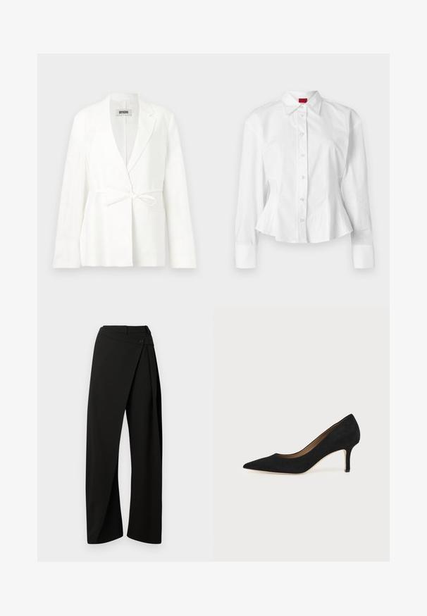 Blazer blanco a medida con mangas largas, solapas con muesca y cinturón delantero atado, mostrado sobre un fondo claro y liso.; Camisa peplum blanca con mangas largas, cuello clásico y cierre frontal de botones. Fabricada en una suave tela de algodón con un diseño estructurado.; Pantalones negros de pierna ancha con un panel envolvente en el frente y un cierre de botón en la cintura, mostrados sobre un fondo blanco.; Salón de ante negro con punta puntiaguda, tacón de aguja delgado de altura media y diseño de corte bajo sobre un fondo liso.
