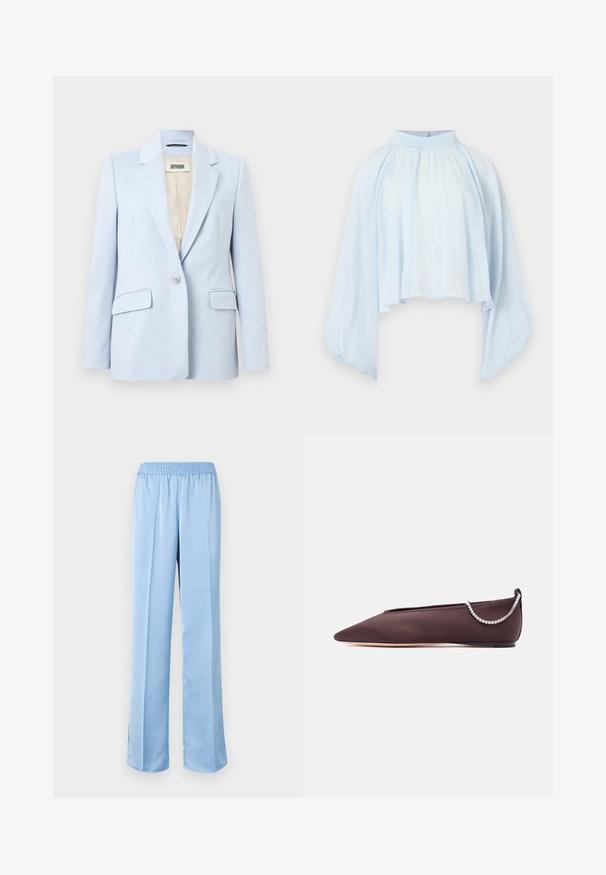 Lyseblå blazer med enkelt knap, skrå krave, to forlommer med klap og beige for.; Lyseblå bluse med lange ærmer, høj hals, løs pasform og flagrende ærmer samlet ved manchetterne.; Lys blå, brede bukser med elastisk talje. Glat tekstur, ensartet design og let flagrende bund med sidetekstur i bunden.; Mørkebrun flad sko med spids tå, lav hæl og en sølvfarvet rhinstenkæde detalje bagpå.