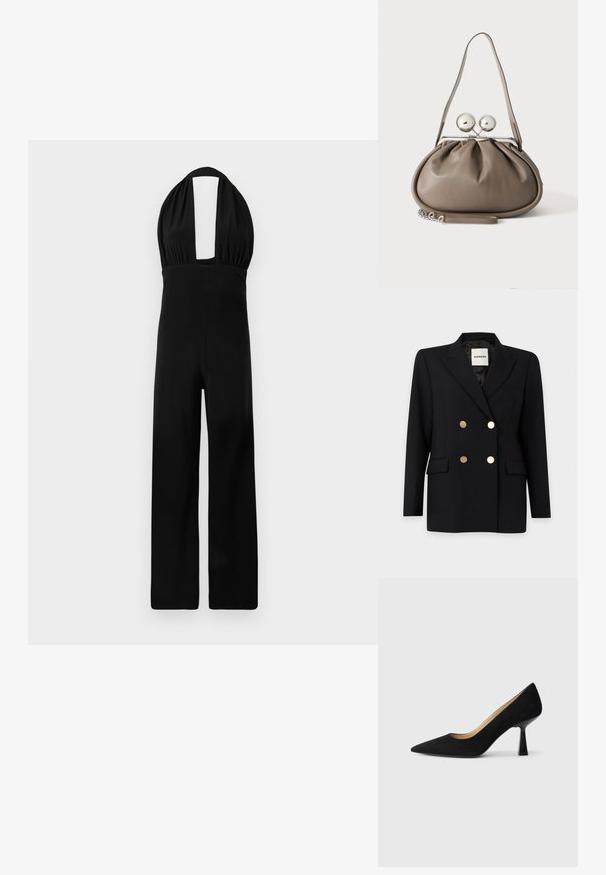 Blazer noir croisé avec boutons dorés, revers crantés, poches à rabat et une étiquette à l'intérieur indiquant "Sandro."; Combinaison noire à encolure dégagée avec un décolleté profond, un buste froncé et une coupe large. Le tissu a une texture lisse et une couleur uniforme.; Pompe à talons hauts en suède noir avec un bout pointu, dotée d'un talon bloc noir brillant et d'une doublure intérieure lisse.; Sac à main en cuir gris de forme arrondie, fermeture supérieure avec deux grandes sphères argentées, et une seule anse.