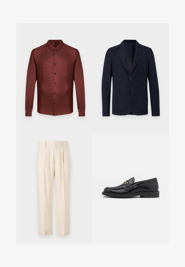 OFFICINE GENERALE NEHEMIAH - Blazere - night sky; Bordeaux knap-up skjorte med et struktureret stof, der har et prikmønster i cremefarve. Lange ærmer og et traditionelt kravedesign.; NN.07 KAY - Bukser - off white; Sorte læder loafers med en rund tå, der har guld hardware accent og syningsdetaljer, placeret på en lav, tekstureret gummisål.