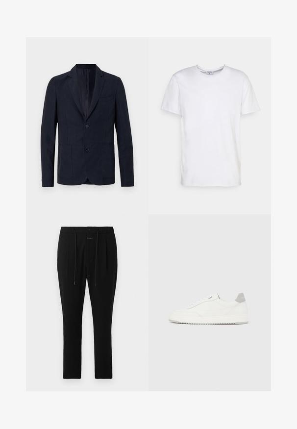OFFICINE GENERALE NEHEMIAH - Blazere - night sky; Hvid kortærmet t-shirt lavet af bomuld. Har en rund halsudskæring og en afslappet pasform uden synlige mønstre eller detaljer.; CLOSED VIGO TAPERED - Chino - dark night; Hvid lavtop-sneaker med gråt hælflig, hvide snørebånd og tekstureret sål, vist på en ensfarvet lys baggrund.