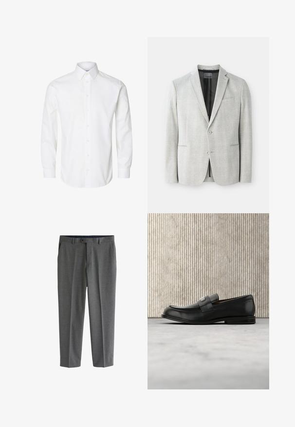 Helle graue Blazer mit einem karierten Muster. Verfügt über zwei Vorderknöpfe, einen Reverskragen und eine einzelne Brusttasche. Das Material hat eine glatte Textur.; Weißes langärmeliges Hemd mit spitzem Kragen, sichtbaren Knöpfen auf der Vorderseite und geknöpften Manschetten.; Graue, maßgeschneiderte Herrenhosen mit Seitentaschen, Gürtelschlaufen und Knopfverschluss an der Taille.; Schwarzer Lederloafer mit einer Metallmarkenplatte, der nahe einem braunen runden Tisch auf beigem Teppichboden ruht.
