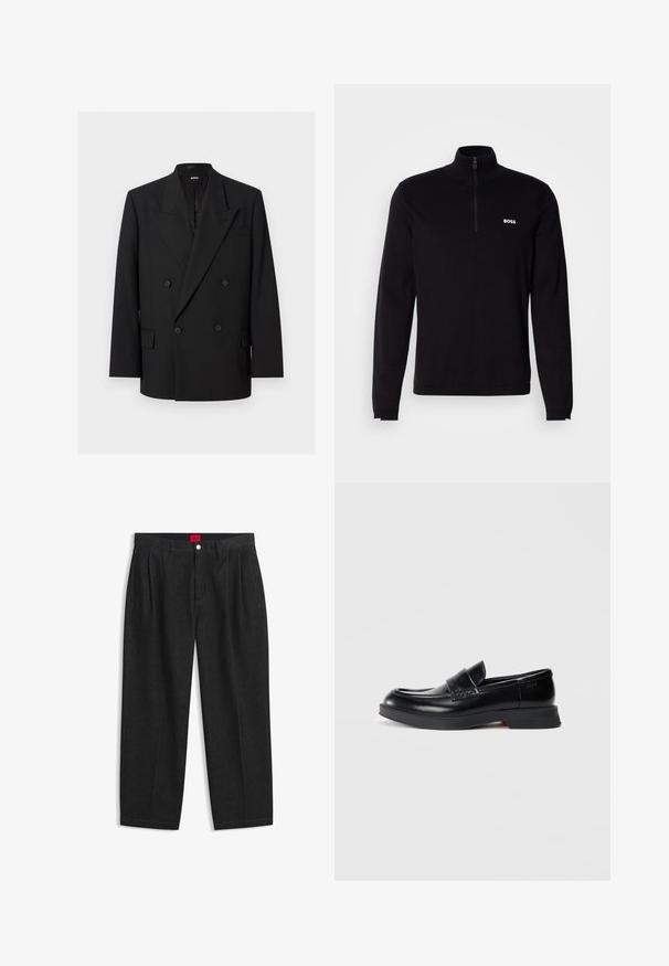 Sort dobbeltradet herreblazer med spidse revers, fire knapper, klaplommer og en brystlomme, vist på hvid baggrund.; Sort langærmet pullover med halvlukket lynlås ved kraven, med ribbet tekstur og hvid "BOSS"-logo på brystet. Blød stoffinish.; Sorte bukser med høj talje med forreste læg, bæltestropper, knap og lynlås lukning samt en rød label indeni linningen.; Sorte læder loafers med en glat finish, der har en hævet frontpanel og en kontrasterende rød detalje på sålen. Flad gummisål.