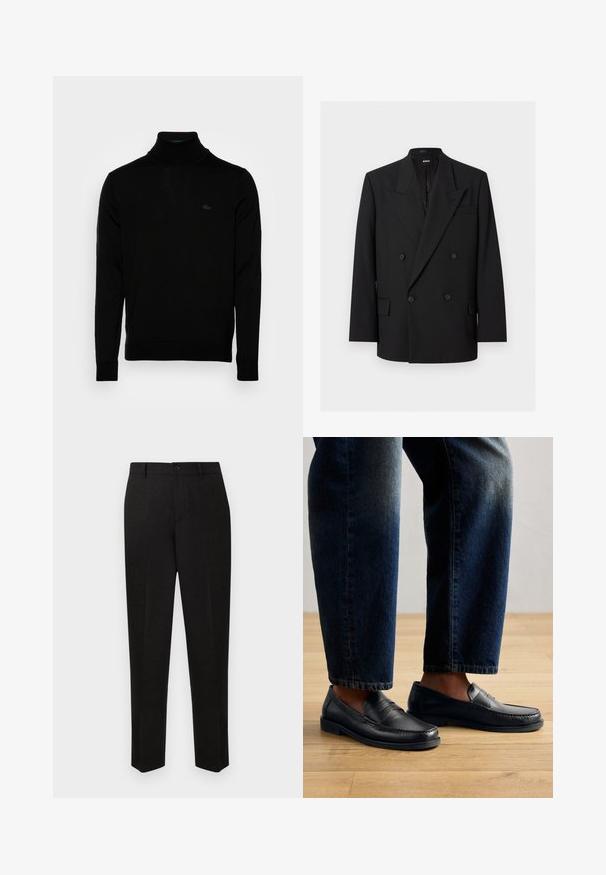 Blazer negro de hombre con doble abotonadura, solapas de pico, cuatro botones, bolsillos con solapa y un bolsillo de ojal en el pecho, presentado sobre fondo blanco.; Suéter negro de cuello alto, textura acanalada, mangas largas, diseño ajustado, sutil logo de Lacoste en el pecho, material de punto de peso medio.; Pantalones negros a medida con un diseño de pierna recta, que cuentan con cierre de botones y una textura sutil. Sin patrones ni acentos visibles.; Mocasines de cuero negro con detalles de costura y acentos texturizados, combinados con denim oscuro, mostrando un diseño casual y estilizado.