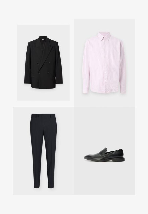 Blazer noir pour homme à double boutonnage avec revers à pointe, quatre boutons, poches à rabat et une poche poitrine passepoilée, présenté sur fond blanc.; Chemise à manches longues à rayures verticales rose clair et blanche, boutonnée, avec col à boutons, présentée de face sur un fond neutre.; Pantalon formel noir slim fit avec passants de ceinture, fermeture éclair à l'avant et plis marqués, présenté sur un fond clair uni.; Mocassins en cuir noir avec une texture lisse, un nez pointu et un petit talon rectangulaire. Présente un détail de bande horizontale sur le dessus.