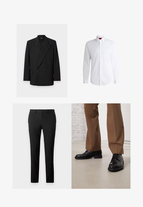 Sort dobbeltradet herreblazer med spidse revers, fire knapper, klaplommer og en brystlomme, vist på hvid baggrund.; Hvid skjorte med knapper lavet af glat stof med klassisk krave, lange ærmer og rundet kant. Har beige knapper foran.; Skræddersyede sorte bukser i et glat stof. Har et lige ben-design, frontfald og bæltestropper til justerbar størrelse.; Sorte læder sko med glat overflade og rund tå, der har snørebåndslukning og en lav, flad sål. Sammen med brune bukser.