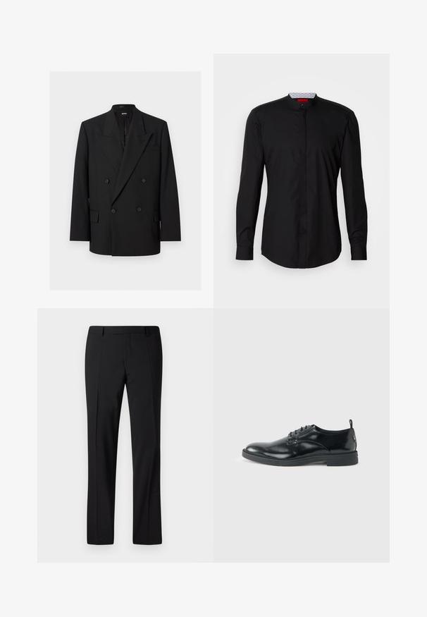 Zwarte dubbelgeknoopte herenblazer met spitse revers, vier knopen, klepzakken en een borstzak, weergegeven op een witte achtergrond.; Zwart shirt met lange mouwen en een mandarijnkraag, gemaakt van een gladde stof, met een knoopsluiting aan de voorkant en subtiele designdetails.; Zwarte op maat gemaakte broek met een rechte pijp ontwerp, voorzien van een gladde textuur, geplooide voorkant en een klassieke tailleband voor een formele uitstraling.; Glanzende zwarte lederen nette schoen met lage hak, vetersluiting en ronde neus, van opzij getoond tegen een effen lichte achtergrond.