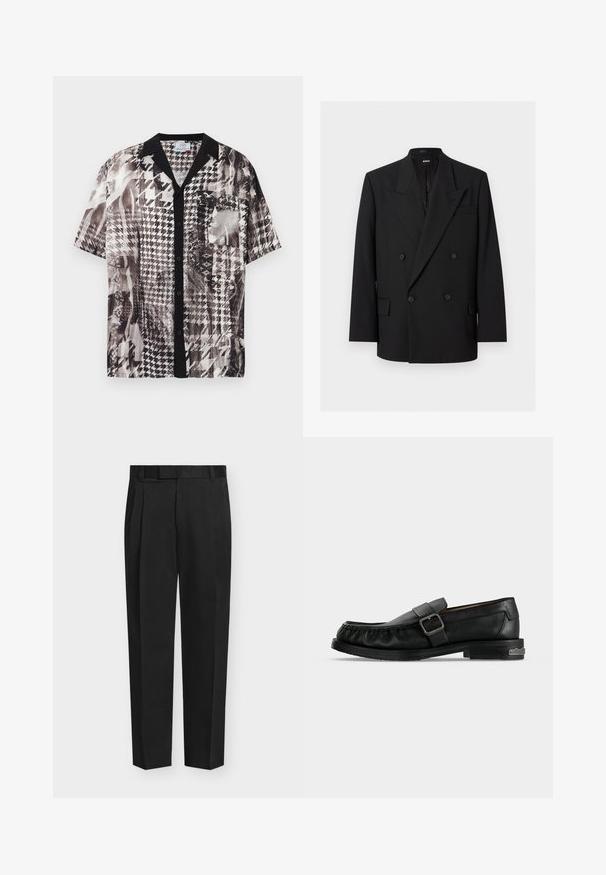 Blazer noir pour homme à double boutonnage avec revers à pointe, quatre boutons, poches à rabat et une poche poitrine passepoilée, présenté sur fond blanc.; Chemise à manches courtes avec col noir, patte de boutonnage noire, poche avant et motif pied-de-poule abstrait noir et blanc.; Pantalon noir droit et ajusté avec passants pour ceinture, poches latérales et pli sur le devant.; Mocassin en cuir noir avec une bride à boucle, détails cousus autour de la pointe, et un petit talon avec un accent métallique.