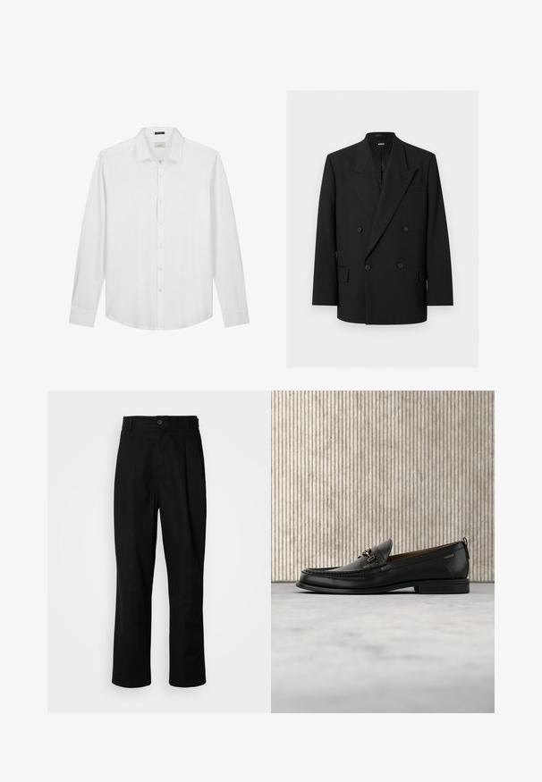 Sort dobbeltradet herreblazer med spidse revers, fire knapper, klaplommer og en brystlomme, vist på hvid baggrund.; Hvid langærmet skjorte, knapned krave, blød tekstur, glat stof, diskret logo på brystet og klassisk pasform med buet kant.; Sorte lige ben bukser med en knaplukket talje, bæltestropper og en frontfold, præsenteret mod en ensfarvet hvid baggrund.; Sort læderloafers med guldfarvet metaldekoration og "HUGO" branding, vist mod en beige tæppe og brunt gennemsigtigt møbel.