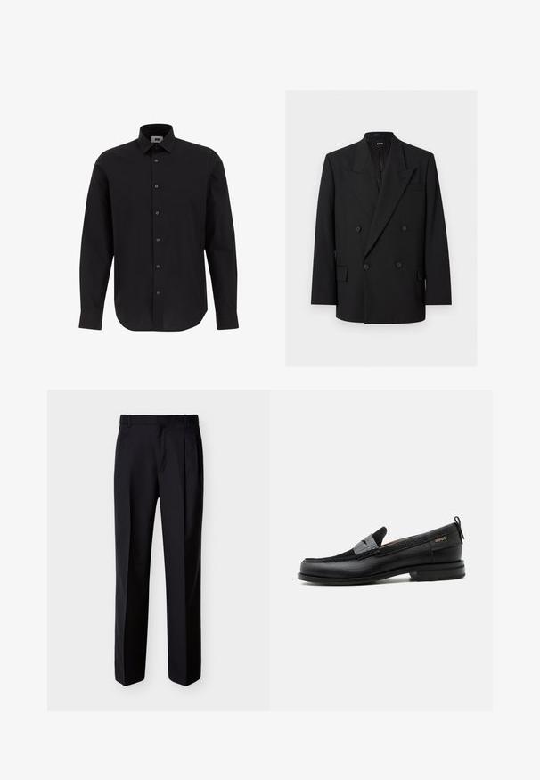 Blazer noir pour homme à double boutonnage avec revers à pointe, quatre boutons, poches à rabat et une poche poitrine passepoilée, présenté sur fond blanc.; Chemise noire à manches longues, à boutons, en tissu tissé, avec un col classique, un ourlet droit et des boutons noirs sur le devant.; Pantalon noir ajusté à coupe droite, avec un devant plissé et des poches latérales. Confectionné dans un tissu lisse et léger à motif uni.; Mocassin en cuir noir avec détail de bride grise, talon bas et semelle texturée, marqué "HUGO" en or sur le côté.