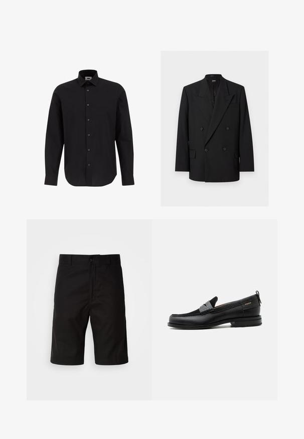 Sort dobbeltradet herreblazer med spidse revers, fire knapper, klaplommer og en brystlomme, vist på hvid baggrund.; Sort langærmet skjorte med knapper lavet af vævet stof, med klassisk krave, lige kant og sorte knapper langs forsiden.; Sorte shorts lavet af ensartet stof, med lige snit, knaplukning og en glat tekstur uden synlige mønstre.; Sort læderloafer med grå remdetalje, lav hæl og tekstureret sål, mærket med "HUGO" i guld på siden.