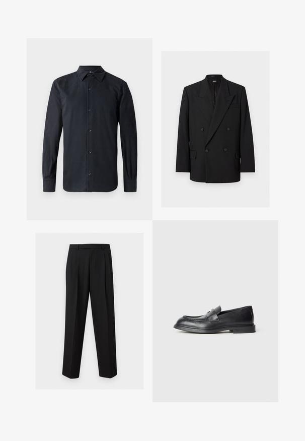 Sort dobbeltradet herreblazer med spidse revers, fire knapper, klaplommer og en brystlomme, vist på hvid baggrund.; Sort langærmet skjorte med standard krave, frontlukning med knapper, lavet af glat stof, med lige pasform og med knaplukning ved ærmerne.; Sorte skræddersyede bukser med lige ben, plisseringer ved taljen, bæltestropper og sidelommer med slidser, vist på en enkel baggrund.; Sorte læder loafers med en struktureret finish, der har en dekorativ frontrem og en rundet tå. Gummisål for holdbarhed.