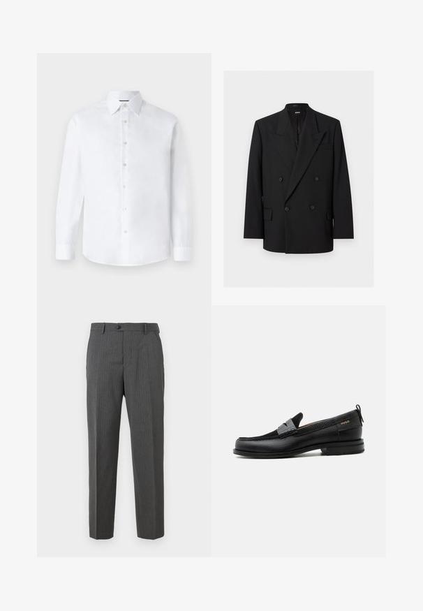 Zwarte dubbelgeknoopte herenblazer met spitse revers, vier knopen, klepzakken en een borstzak, weergegeven op een witte achtergrond.; Witte lange mouwen shirt met een klassieke kraag, knopenlijst aan de voorkant en een ronde zoom. Gemaakt van gladde katoenstof zonder patronen.; Koolgrijze mannenbroek met subtiele streepjes, knoopsluiting, riemlussen en recht gesneden design op een witte achtergrond.; Zwarte leren loafer met grijs riemdetailelement, lage hak en gestructureerde zool, aan de zijkant gebrandmerkt met "HUGO" in goud.