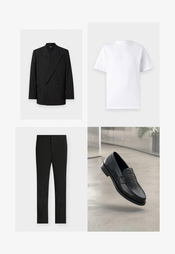 Sort dobbeltradet herreblazer med spidse revers, fire knapper, klaplommer og en brystlomme, vist på hvid baggrund.; Hvid kortærmet t-shirt lavet af bomuld med rund hals, der har en glat tekstur og et simpelt design uden mønstre eller accenter.; Sorte slim fit bukser med bæltestropper, foran lynlås og fladt frontparti, vist på en lys grå baggrund.; Sort lædersko med glat tekstur, spids tå og en dekorativ rem over vristen. Letvægts sål, minimalistisk design.