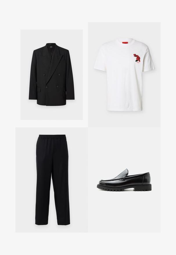 Blazer negro de hombre con doble abotonadura, solapas de pico, cuatro botones, bolsillos con solapa y un bolsillo de ojal en el pecho, presentado sobre fondo blanco.; Camiseta blanca de manga corta con cuello redondo, con un pequeño gráfico de rosa roja y el texto "HUGO" en el lado izquierdo del pecho.; Pantalones negros con cintura elástica, diseño de pierna recta y una tela suave y ligera. Sin bolsillos visibles ni patrones.; Mocasín de cuero negro con suela de goma gruesa, empeine cosido y nombre de la marca en relieve en el talón, mostrado en perfil lateral sobre fondo blanco.