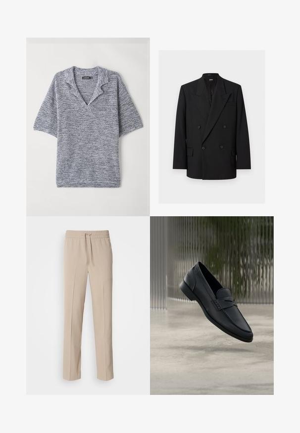 Blazer noir pour homme à double boutonnage avec revers à pointe, quatre boutons, poches à rabat et une poche poitrine passepoilée, présenté sur fond blanc.; Pull à manches courtes en tricot texturé, avec un col en V et une couleur gris-bleu avec un motif subtil. Matériau doux et léger.; Pantalons beiges, coupe décontractée, fabriqués en tissu doux, dotés d'une taille élastique avec cordon de serrage et de jambes droites avec des accents minimalistes.; Mocassin en cuir noir à finition lisse, bout pointu et détails cousus sur le dessus. Talon bas et design minimaliste.