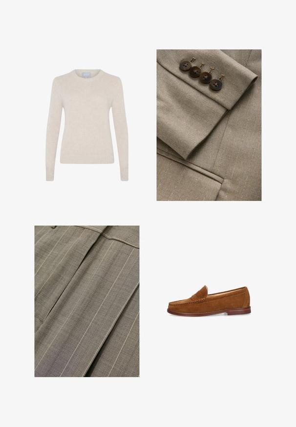 Bruine op maat gemaakte blazerstof met subtiele strepen, voorzien van een manchet met vier bijpassende knopen en dunne stikdetails.; Style Republic Trui - sand; Close-up van beige stof met fijn raster en dunne verticale witte strepen, met scherpe plooien en gestikte naaddetails.; Bruine suède penny loafer met gestikte details en lage houten hak, zijaanzicht op een witte achtergrond.