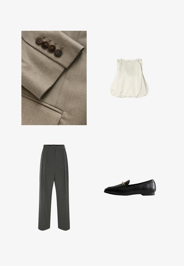 Tela de blazer marrón a medida con rayas sutiles, que presenta un puño con cuatro botones a juego y delgados detalles de costura.; Blusa blanca sin mangas con tejido fruncido en los hombros y bajo suelto en forma de globo.; Pantalones grises de pierna ancha hechos de tela texturizada, con cintura alta y pliegues frontales. El diseño incluye una pretina lisa y sin cierres visibles.; Mocasín de cuero negro con punta afilada, que presenta un detalle de cierre en tono dorado. El zapato tiene un tacón bajo y una textura suave.