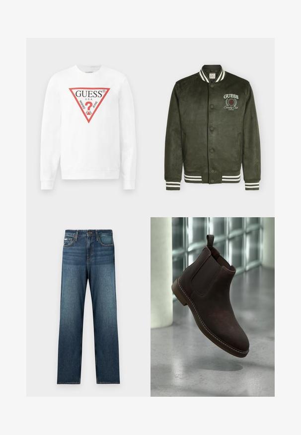 Mørkegrøn varsityjakke med hvidstribet krave og manchetter, knapper foran og "GUESS Country Club" logo på venstre bryst.; Hvid bomulds sweatshirts med et stort rødt trekantet logo med teksten "GUESS U.S.A." og "WASHED JEANS", samt et centralt spørgsmålstegn ikon.; Mørkeblå jeans med lige snit, fem-lomme design og diskret falming. Fremstillet af denimstof med klassiske syningsdetaljer.; Brun læder Chelsea-støvle med elastiske sidepaneler og træk-flig, flydende over et poleret betongulv nær en væg af glasblokke.