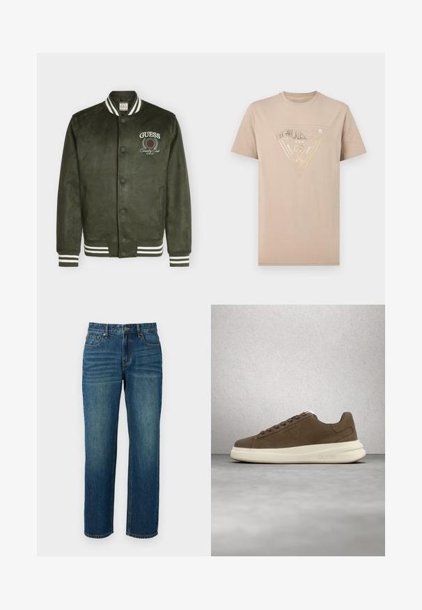 Mørkegrøn varsityjakke med hvidstribet krave og manchetter, knapper foran og "GUESS Country Club" logo på venstre bryst.; Beige T-shirt med korte ærmer og en metallic guldfarvet GUESS U.S.A.-logo indeni en trekant på brystet.; Mørkeblå denim jeans med lige ben, der har fem lommer, bæltestropper og let falming på lårene.; Brune ruskinds sneakers med en cremet gummisål, flade snørebånd og et logo på siden. Letvægtsdesign og glat tekstur.