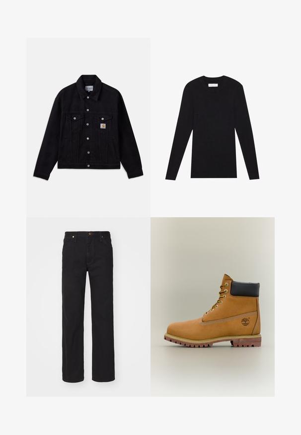 Zwarte spijkerjas met knoopsluiting aan de voorkant, twee borstzakken en een logopatch. Klassiek ontwerp met lange mouwen en een kraag.; Pier One by Zalando MUSCLE FIT KNITJUMPER - Trui - black; Zwarte rechte spijkerbroek met voorzakken, riemlussen en een knoopsluiting op een effen achtergrond.; Bruine leren enkellaars met zwarte kraag, gele veters en een zandkleurige zool. Voorzien van een logo en witte stikseldetails. Robuuste loopzool met grip.