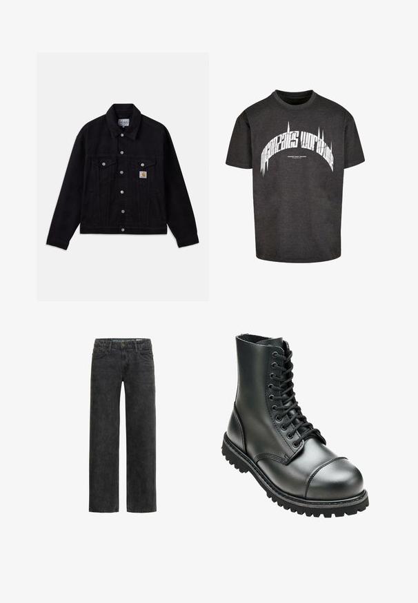Sort denimjakke med knaplukning foran, to brystlommer og logoemblem. Klassisk design med lange ærmer og krave.; Sort bomulds T-shirt med korte ærmer. Har hvidt, fedt grafisk tekst på forsiden med et buet design og takkede detaljer.; Sorte denim jeans med afslappet pasform, lige ben, fem-lomme design og en subtil falmet tekstur. Har knap- og lynlåslukning.; Sort læderkampstøvle med høj ankel, rund tå, snørebånd foran og robust gummisål med dybe mønstre for godt greb.