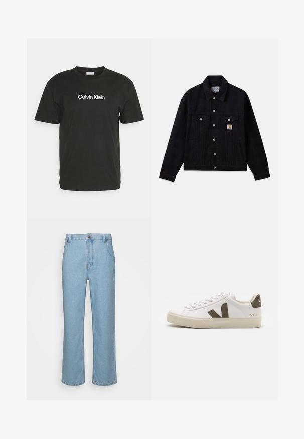 Zwarte spijkerjas met knoopsluiting aan de voorkant, twee borstzakken en een logopatch. Klassiek ontwerp met lange mouwen en een kraag.; Zwarte katoenen t-shirt met een ronde halslijn en korte mouwen, met het logo "Calvin Klein" in het wit gedrukt op de voorkant.; Lichtblauwe denim jeans met een recht pijpdesign, met een knoopsluiting, riemlussen en twee voorzakken.; Witte leren sneakers met een lichtbeige rubberen zool. Voorzien van een bruine suède V-logo en hieltab. Gespsluiting met een gestructureerd oppervlak.