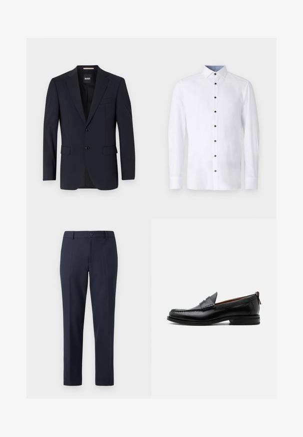 Marineblazer van gladde stof, met een tweeknopssluiting, notch-lapels en twee voorzakken, met een enkele borstzak.; Witte long-sleeve shirt met een klassieke kraag, zwarte knopen aan de voorkant en contrasterende lichtblauwe kraagdetails aan de binnenkant. Glad stoftextuur.; Marineblauwe broek van gladde stof, met een rechte snit, riemlussen en een enkele knoopsluiting in de taille.; Zwarte leren herensloffen met moc toe stiksel, pennyriem, gestructureerde kraag en lage gestapelde hak op witte achtergrond.