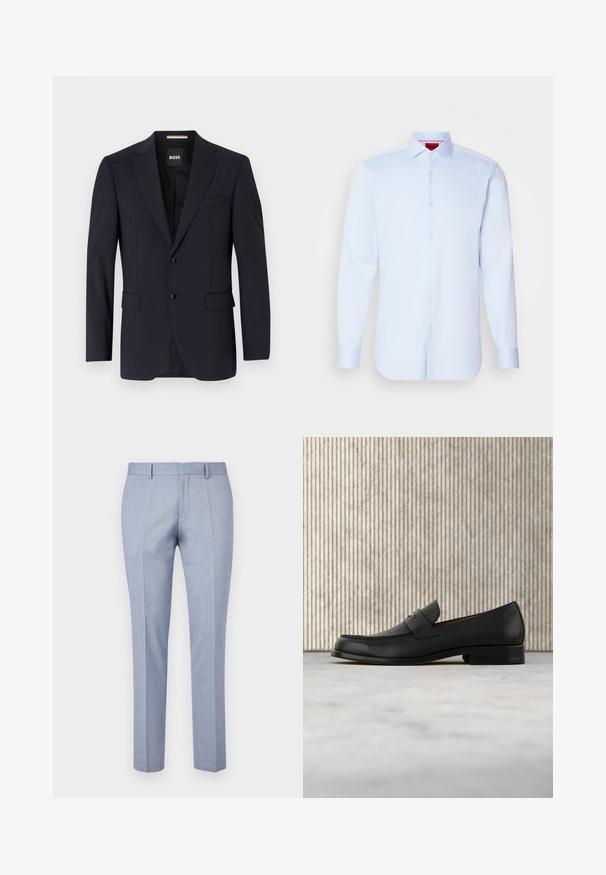 Marineblazer van gladde stof, met een tweeknopssluiting, notch-lapels en twee voorzakken, met een enkele borstzak.; Lichtblauwe overhemd met lange mouwen, knoopsluiting en een spreidkraag, afgeronde onderkant en witte knopen. Glad stof met een subtiele glans.; Lichtblauwe op maat gemaakte broek met een gladde stofstructuur, voorzien van een rechte voorkant, twee zijzakken en een slim fit ontwerp.; Zwarte leren loafer zweeft boven een beige tapijt met op de achtergrond een glanzende, ronde, bruine tafel.