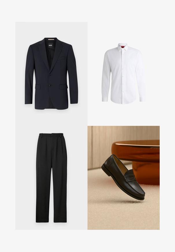 Blazer navy de tejido suave, con un cierre de dos botones, solapas con muesca y dos bolsillos frontales, además de un bolsillo en el pecho.; Camisa blanca de botones, confeccionada en tela suave, con collar clásico, mangas largas y dobladillo curvado. Presenta botones beige en la parte delantera.; Pantalones negros con un patrón texturizado, que presentan una cintura ancha con un botón y pliegues delanteros para un ajuste entallado. Diseño de pierna recta.; Zapato mocasín de cuero negro suspendido sobre una alfombra beige con muebles modernos de color ámbar en el fondo.