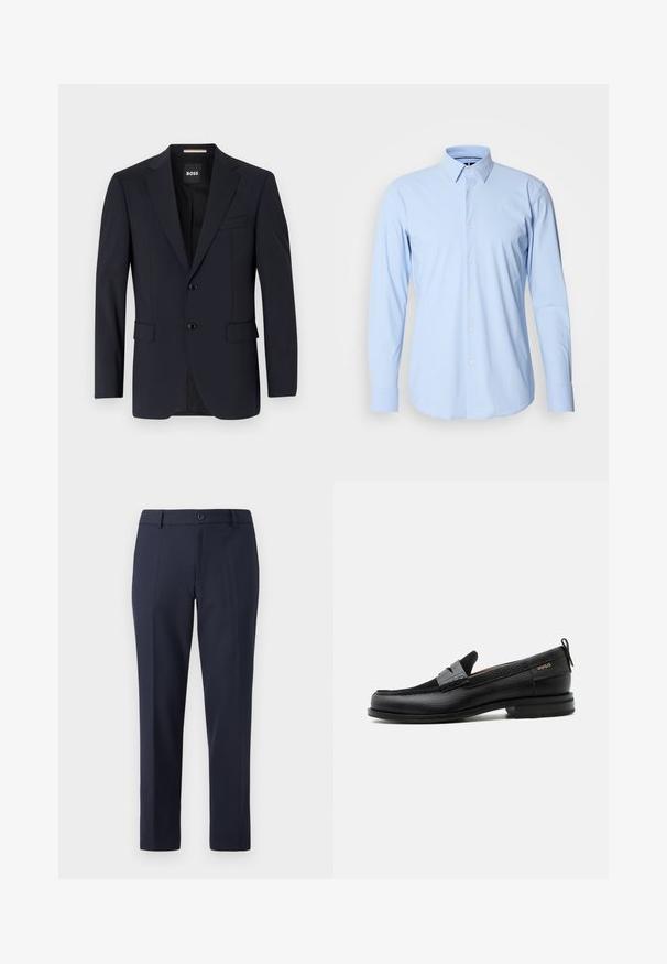 Marineblazer van gladde stof, met een tweeknopssluiting, notch-lapels en twee voorzakken, met een enkele borstzak.; Lichtblauwe lange mouwen shirt gemaakt van een katoenmix, met een knoopsluiting aan de voorkant, enkele manchetten en een klassiek kraagontwerp.; Marineblauwe broek van gladde stof, met een rechte snit, riemlussen en een enkele knoopsluiting in de taille.; Zwarte leren loafer met grijs riemdetailelement, lage hak en gestructureerde zool, aan de zijkant gebrandmerkt met "HUGO" in goud.