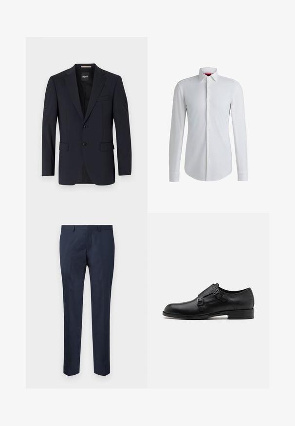 Marineblazer van gladde stof, met een tweeknopssluiting, notch-lapels en twee voorzakken, met een enkele borstzak.; Witte lange mouwen overhemd met een gespreide kraag, een voorplacket en een afgeronde zoom. Gemaakt van gladde stof met een subtiele glans.; Marineblauwe op maat gemaakte broek, gemaakt van een gladde stof. Kenmerkt zich door een recht model met een platte voorkant en zijzakken.; Zwarte leren dresschoen met dubbele gespen, slank silhouet en ronde neus. Kenmerkt zich door een lage hak en een gladde textuur.