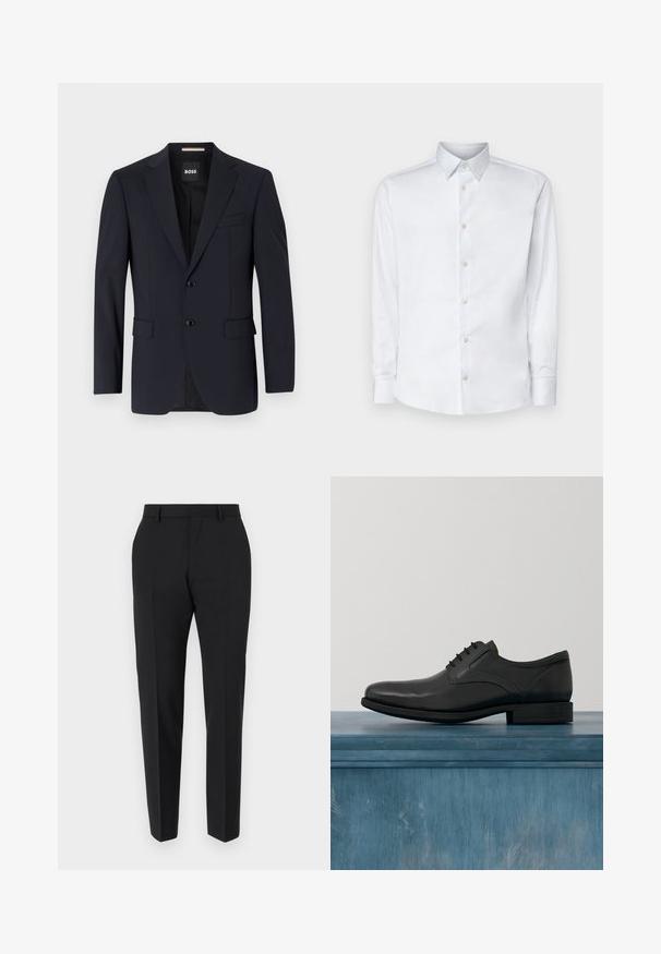 Blazer marine en tissu lisse, avec une fermeture à deux boutons, des revers crantés, deux poches avant et une poche poitrinaire.; Chemise blanche à manches longues en tissu lisse, dotée d'un col classique, d'une patte de boutonnage et de poignets avec boutons, présentée sur un fond uni.; Pantalons noirs au design ajusté, avec un devant plat, des détails de plis et une coupe élégante. Fabriqués en tissu lisse pour un look raffiné.; Chaussure habillée en cuir noir avec une finition brillante, bout arrondi, conception à lacets, coutures contrastantes et un petit talon en caoutchouc.