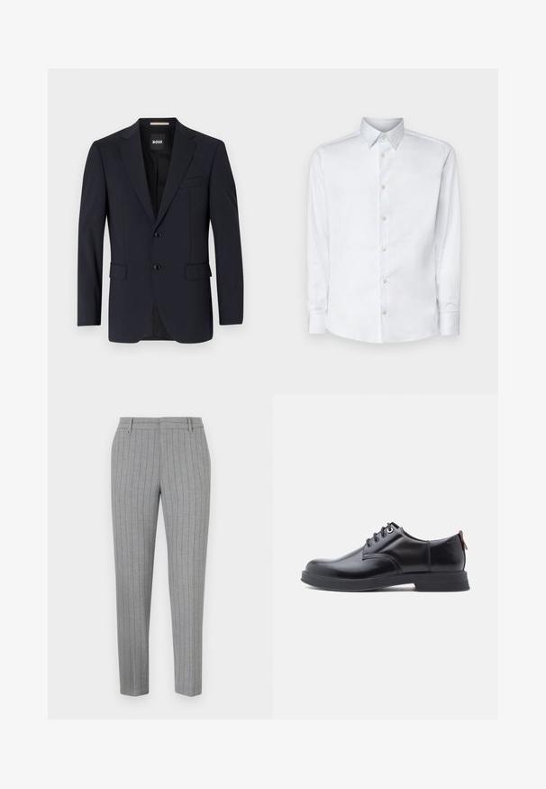 Blazer navy de tejido suave, con un cierre de dos botones, solapas con muesca y dos bolsillos frontales, además de un bolsillo en el pecho.; Camisa blanca de manga larga hecha de tela suave, con un cuello clásico, tapeta de botones y puños con botones, presentada sobre un fondo liso.; Pantalones a rayas grises con un ajuste entallado, frente plano y bolsillos laterales. Fabricados con una tela suave y un brillo sutil.; Zapatos de piel negra con cordones, textura lisa, puntera redondeada y detalles sutiles de costura. Cuentan con una lengüeta roja en el talón.