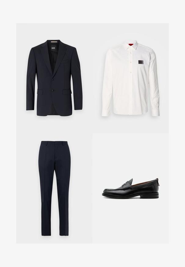 Marineblazer van gladde stof, met een tweeknopssluiting, notch-lapels en twee voorzakken, met een enkele borstzak.; Wit katoenen overhemd met lange mouwen, voorzien van een button-down kraag, voorplacket en een zwart logoplaatje op de linkerborst.; Marineblauwe op maat gemaakte heren pantalon met subtiel ruitpatroon, riemlussen en voorplooien, frontaal weergegeven op een witte achtergrond.; Zwarte leren herensloffen met moc toe stiksel, pennyriem, gestructureerde kraag en lage gestapelde hak op witte achtergrond.