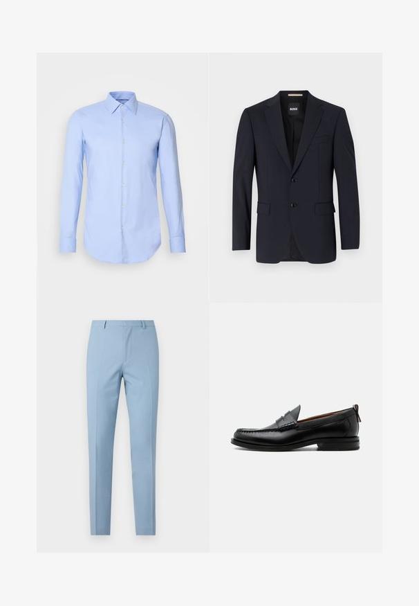 Blazer marine en tissu lisse, avec une fermeture à deux boutons, des revers crantés, deux poches avant et une poche poitrinaire.; Chemise à manches longues bleu clair en coton, dotée d'un devant à boutons, d'un col et d'un ourlet arrondi. Texture lisse sans motifs.; Pantalon ajusté bleu clair avec une coupe slim, texture lisse, pli devant, taille cintrée et passants de ceinture. Pas de poches visibles.; Mocassin homme en cuir noir avec couture moc toe, bride penny, col texturé et petit talon empilé sur fond blanc.