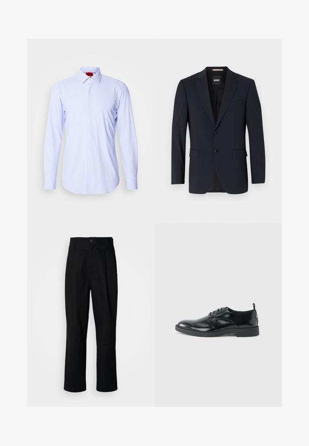 Marineblazer aus glattem Stoff, mit einem Zwei-Knopf-Frontverschluss, abgest eppten Revers und zwei vorderen Taschen sowie einer einzelnen Brusttasche.; Hellblau gemustertes Button-Down-Hemd mit langen Ärmeln und klassischem Kragen. Verfügt über kleine Quadrate und weiße Knöpfe. Glatte Stofftextur.; Schwarze gerade geschnittene Hosen mit einem Knopfverschluss, Gürtelschlaufen und Vorderfalten, vor einem schlichten weißen Hintergrund präsentiert.; Glänzender schwarzer Lederschuh mit niedrigem Absatz, Schnürverschluss und runder Kappe, seitlich auf hellem, schlichten Hintergrund gezeigt.