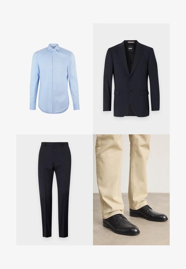 Blazer navy de tejido suave, con un cierre de dos botones, solapas con muesca y dos bolsillos frontales, además de un bolsillo en el pecho.; Camisa de manga larga azul claro confeccionada en algodón, con cuello de punta, botones en la parte frontal y dobladillo redondeado. Textura suave sin patrones.; Pantalones de traje en color navy, de tiro plano, corte slim, con trabillas para cinturón y bolsillos laterales. Tejido suave con un acabado nítido, sin patrones ni acentos visibles.; Zapatos de cuero negro con cordones, puntera redondeada, acabado suave y sutiles detalles de costura, combinados con pantalones de color beige claro.