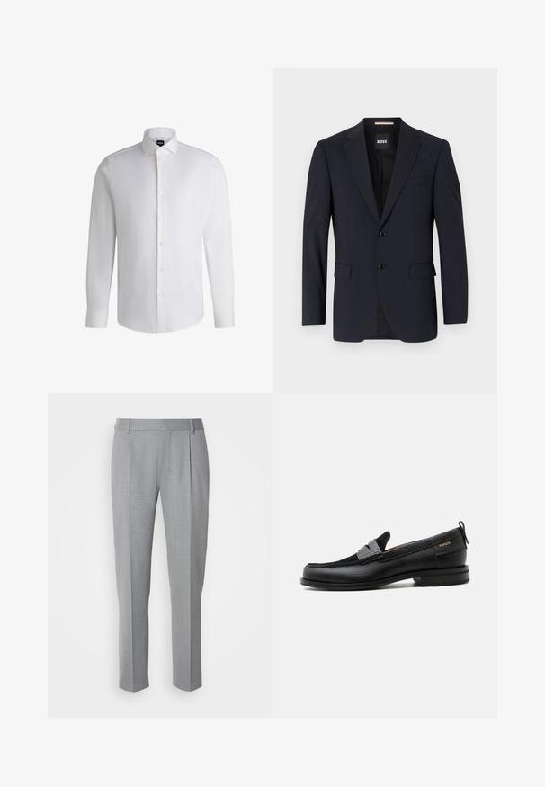Blazer navy de tejido suave, con un cierre de dos botones, solapas con muesca y dos bolsillos frontales, además de un bolsillo en el pecho.; Camisa blanca de manga larga hecha de algodón suave, con un cuello clásico, botonera completa y puños abotonados. Diseño minimalista.; Pantalones grises a medida con una textura suave, que cuentan con un frente plano, piernas rectas y pliegues sutiles para un detalle adicional.; Mocasín de cuero negro con detalle de tira gris, tacón bajo y suela texturizada, con la marca "HUGO" en oro en el lateral.